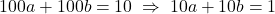 100a+100b=10 \;\Rightarrow\; 10a+10b=1