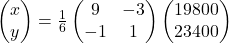 \begin{pmatrix}x\\y\end{pmatrix}=\frac{1}{6}\begin{pmatrix}9 & -3\\-1 & 1\end{pmatrix}\begin{pmatrix}19800\\23400\end{pmatrix}