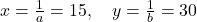 x=\frac{1}{a}=15,\quad y=\frac{1}{b}=30