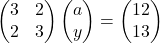 \begin{pmatrix}3 & 2\\2 & 3\end{pmatrix}\begin{pmatrix}a\\y\end{pmatrix}=\begin{pmatrix}12\\13\end{pmatrix}