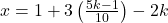 x = 1 + 3\left(\frac{5k-1}{10}\right) - 2k