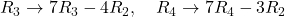 R_3 \to 7R_3 - 4R_2,\quad R_4 \to 7R_4 - 3R_2