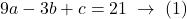 9a-3b+c=21 \;\rightarrow\; (1)
