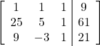 \left[\begin{array}{ccc|c}1 & 1 & 1 & 9\\25 & 5 & 1 & 61\\9 & -3 & 1 & 21\end{array}\right]