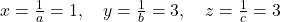 x=\frac{1}{a}=1,\quad y=\frac{1}{b}=3,\quad z=\frac{1}{c}=3