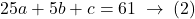 25a+5b+c=61 \;\rightarrow\; (2)