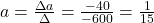 a=\frac{\Delta a}{\Delta}=\frac{-40}{-600}=\frac{1}{15}