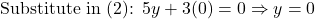 \text{Substitute in (2): } 5y+3(0)=0 \Rightarrow y=0