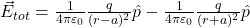  \vec{E}_{tot} = \frac{1}{4\pi \varepsilon_0} \frac{q}{(r - a)^2} \hat{p} - \frac{1}{4\pi \varepsilon_0} \frac{q}{(r + a)^2} \hat{p} 
